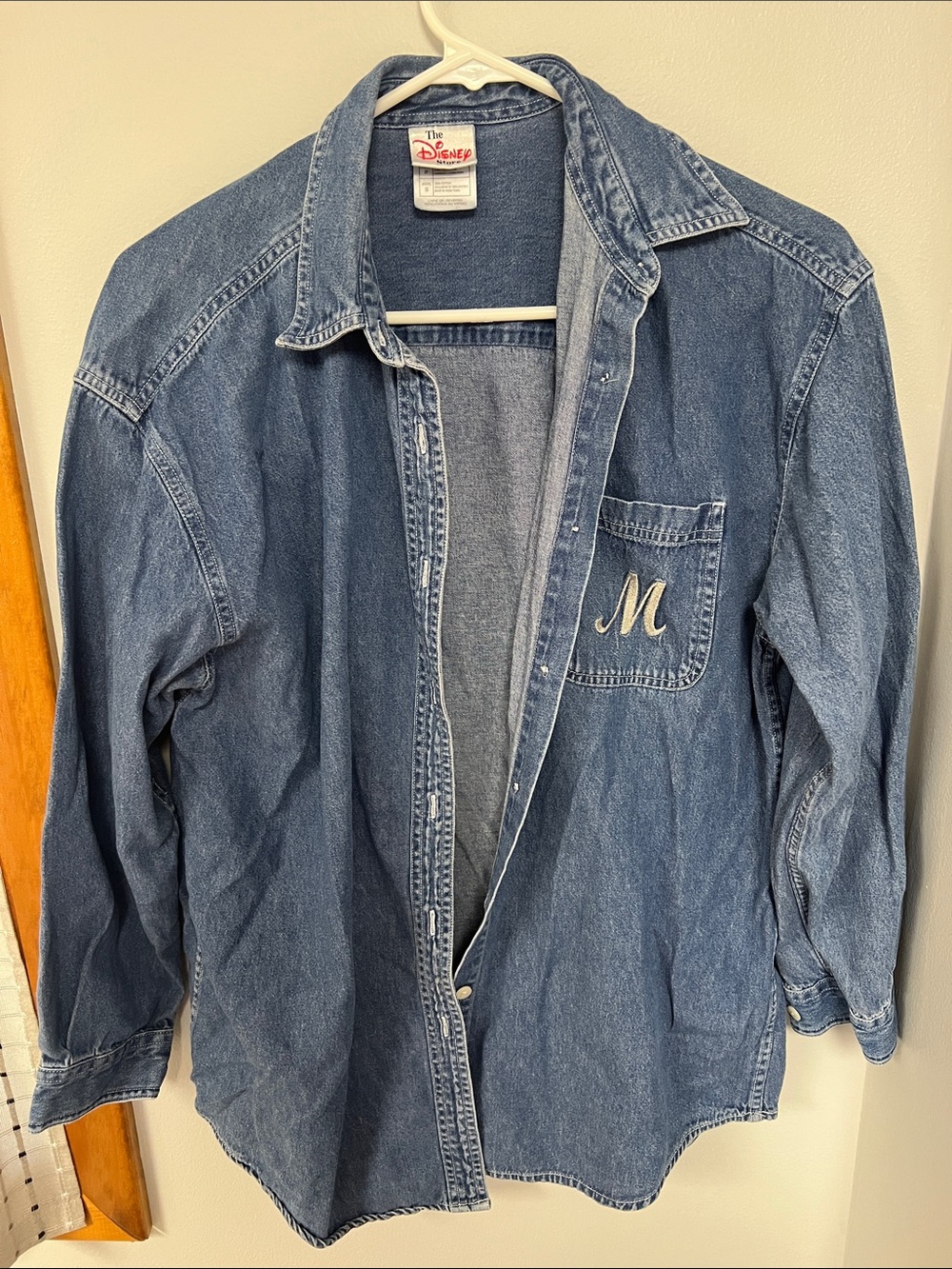 Disney Denim Shirt Jacket in Medium Blue with 'M' Pocket Embroidery